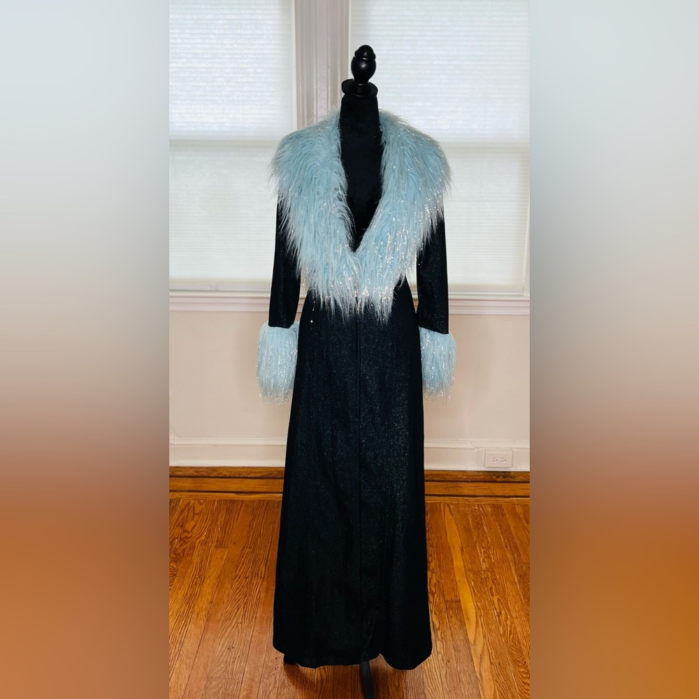 blanc noir Black Maxi Coat with Light Blue Faux Fur Trim